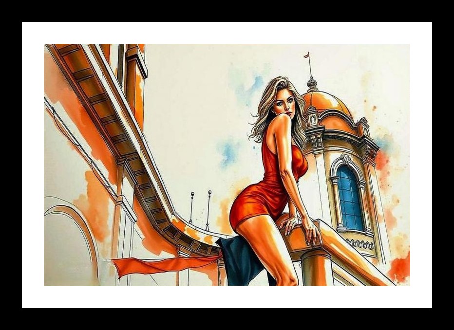Red Dress Balustrade Portrait - Elegant Wall Art Decor Wall Art, Interior Accents, Framing Solutions, Residential/Commercial Decor, Premium Gifts | Size: 8 x 12 inches