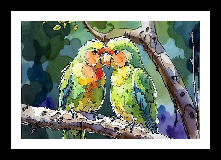 Lovebirds Watercolor Portrait - Vibrant Art for Your Home. Wall Art, Interior Accents, Framing Solutions, Residential/Commercial Decor, Premium Gifts | Size: 8 x 12 inches