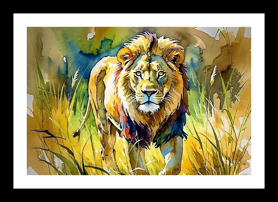 Majestic Lion Portrait: Intense Gaze in Tall Grass. Wall Art, Interior Accents, Framing Solutions, Residential/Commercial Decor, Premium Gifts | Size: 8 x 12 inches