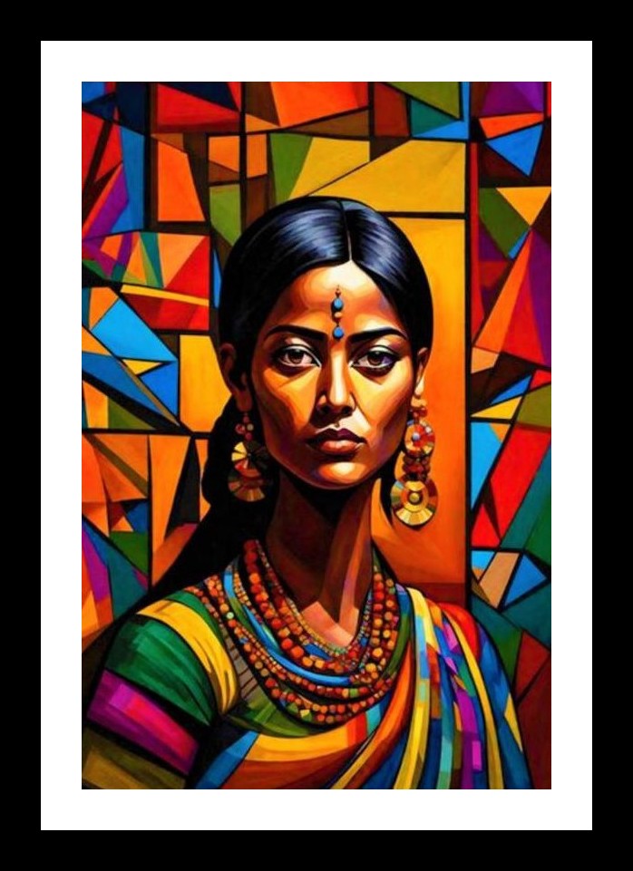 Jeweled Woman: Vibrant Portrait Art Against Geometric Backdrop. Wall Art, Interior Accents, Framing Solutions, Residential/Commercial Decor, Premium Gifts | Size: 8 x 12 inches