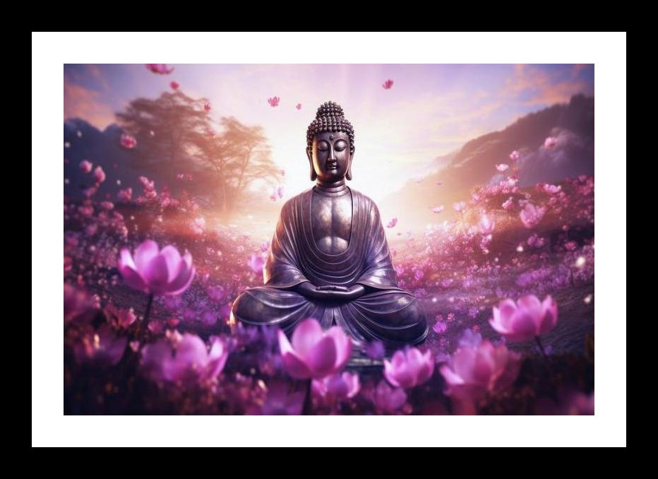 Serene Buddha in Pink Bloom Field: Peaceful Meditation Wall Art, Interior Accents, Framing Solutions, Residential/Commercial Decor, Premium Gifts | Size: 8 x 12 inches