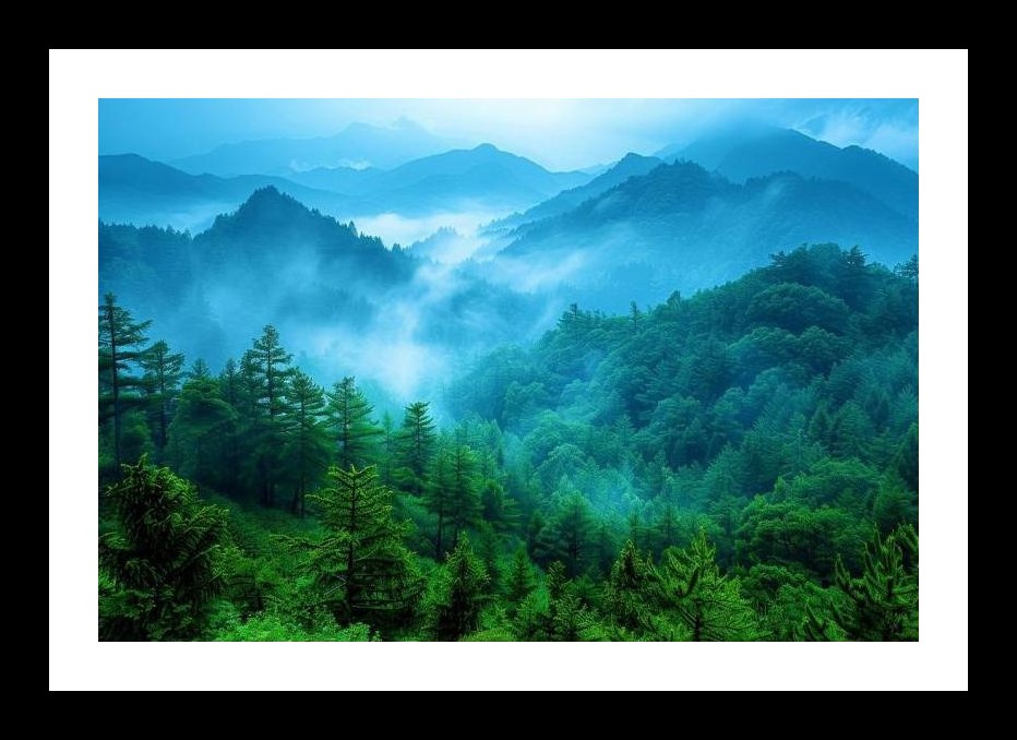 Misty Mountain Majesty: Lush Forest Serenity. Wall Art, Interior Accents, Framing Solutions, Residential/Commercial Decor, Premium Gifts | Size: 8 x 12 inches