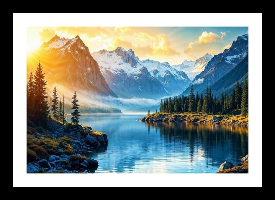 Golden Hour Lake: Mountain Serenity. Wall Art, Interior Accents, Framing Solutions, Residential/Commercial Decor, Premium Gifts | Size: 8 x 12 inches