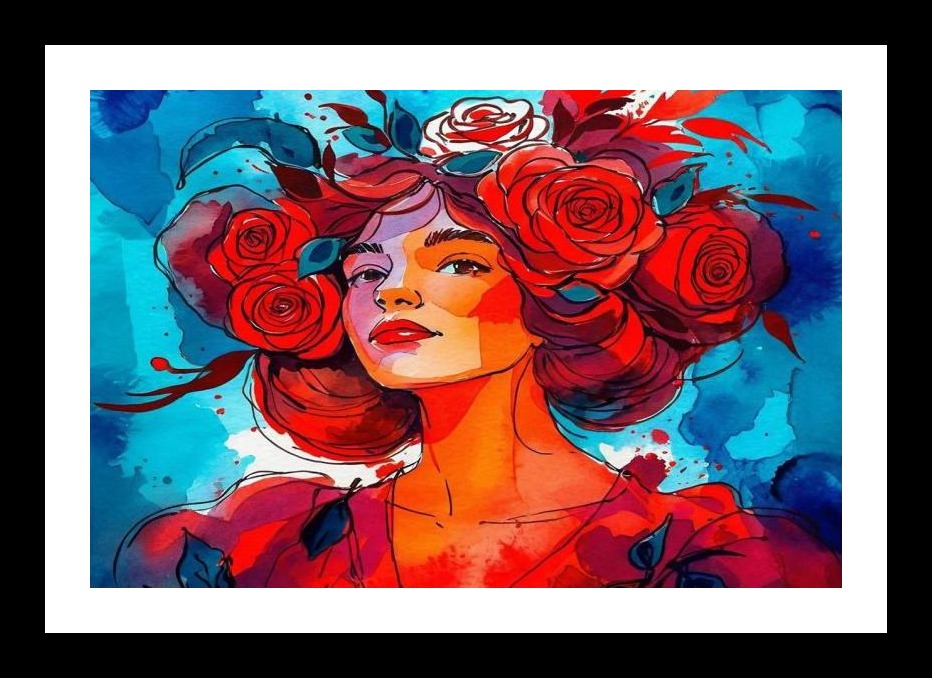 Red Rose Crown Woman Watercolor Portrait. Wall Art, Interior Accents, Framing Solutions, Residential/Commercial Decor, Premium Gifts | Size: 8 x 12 inches