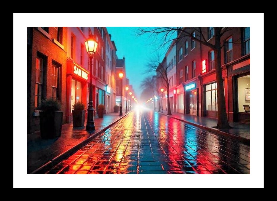 Neon Reflections: Rainy Night Street Wall Art, Interior Accents, Framing Solutions, Residential/Commercial Decor, Premium Gifts | Size: 8 x 12 inches