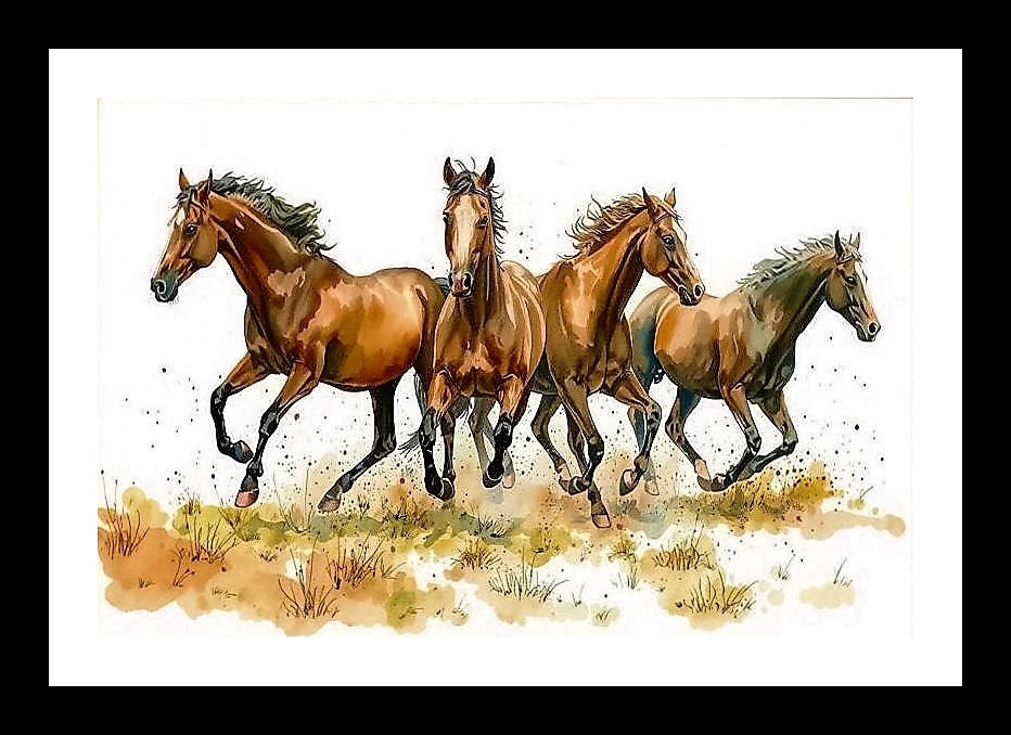 Wild Horses Watercolor Portrait - Forest Backdrop Wall Art, Interior Accents, Framing Solutions, Residential/Commercial Decor, Premium Gifts | Size: 8 x 12 inches