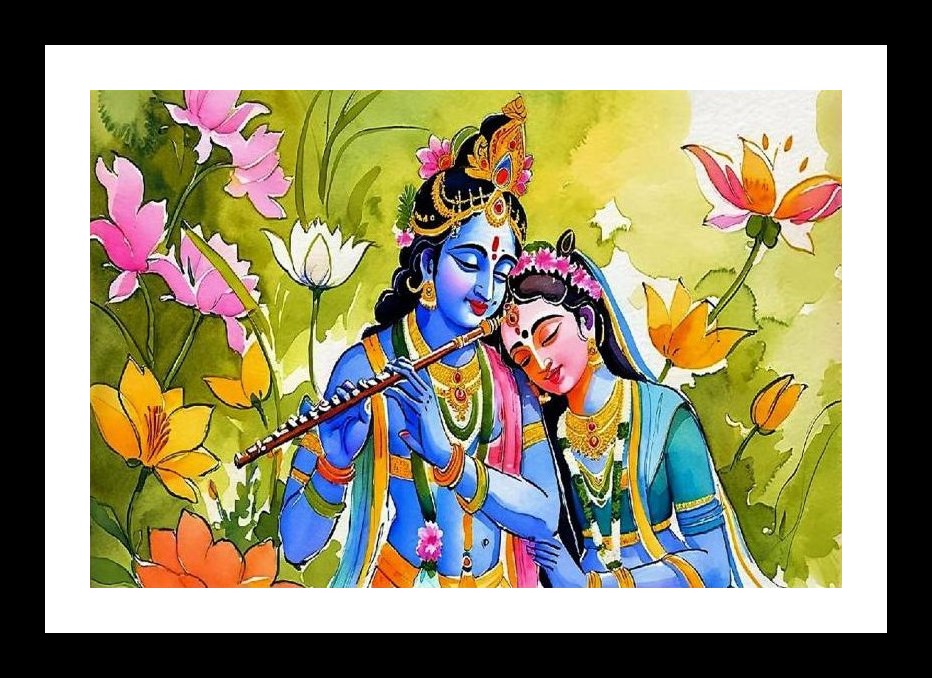 Krishna & Radha: Lotus Garden Serenade Portrait. Wall Art, Interior Accents, Framing Solutions, Residential/Commercial Decor, Premium Gifts | Size: 8 x 12 inches