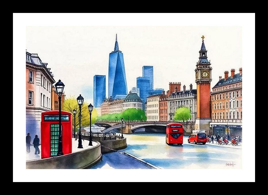 London Watercolor: Bus, Phone Box, Skyscrapers Wall Art, Interior Accents, Framing Solutions, Residential/Commercial Decor, Premium Gifts | Size: 8 x 12 inches