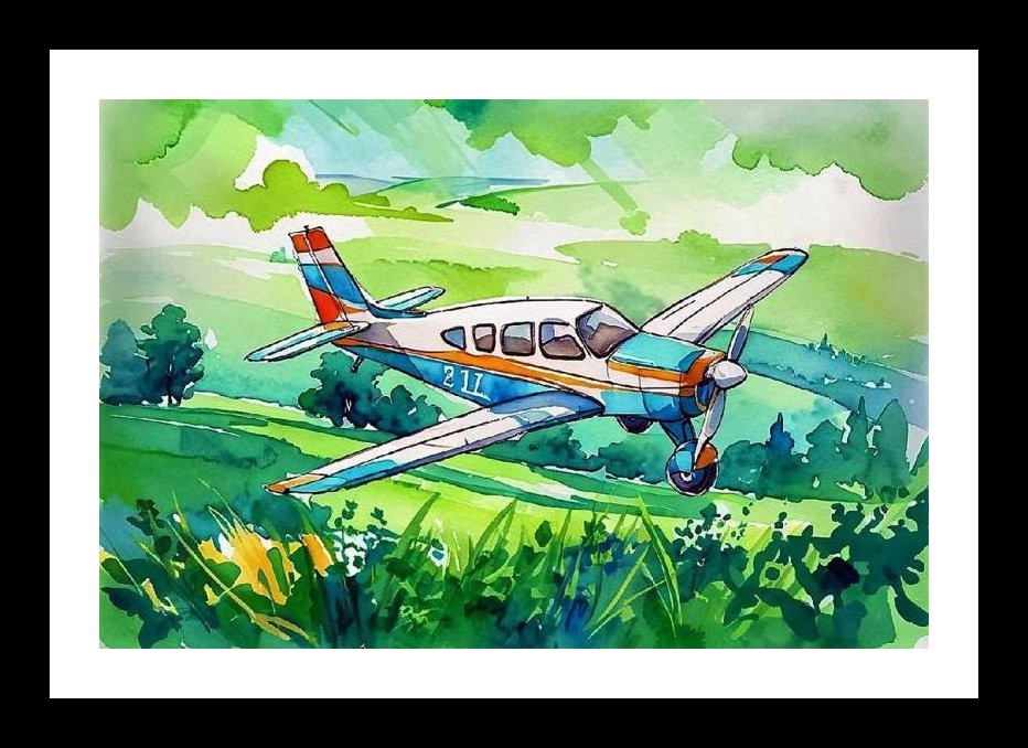 Watercolor Plane Over Hills - Wall Art, Interior Accents, Framing Solutions, Residential/Commercial Decor, Premium Gifts | Size: 8 x 12 inches