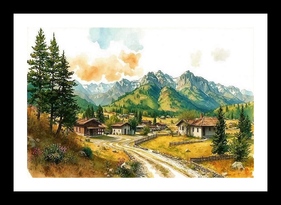 Mountain Village Vista: Scenic Valley Portrait Wall Art, Interior Accents, Framing Solutions, Residential/Commercial Decor, Premium Gifts | Size: 8 x 12 inches