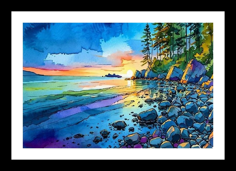 Sunset Beach Portrait: Vibrant Hues on Rocky Shore. Wall Art, Interior Accents, Framing Solutions, Residential/Commercial Decor, Premium Gifts | Size: 8 x 12 inches