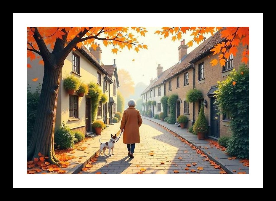 Autumn Stroll: Woman & Dog in Charming Street Portrait. Wall Art, Interior Accents, Framing Solutions, Residential/Commercial Decor, Premium Gifts | Size: 8 x 12 inches
